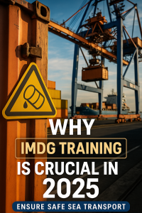Hazardous materials warning sign on shipping container at port terminal with crane and cargo ship in background. Text overlay reads: ‘Why IMDG Training Is Crucial in 2025 – Ensure Safe Sea Transport.