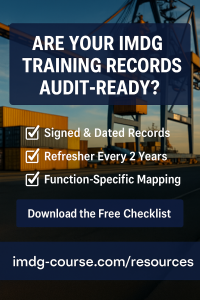 Infographic titled ‘Are Your IMDG Training Records Audit-Ready?’ showing a maritime port background and checklist items like ‘Signed & Dated Records’, ‘Refresher Every 2 Years’, and ‘Function-Specific Mapping’, promoting IMDG compliance tools for 2025.